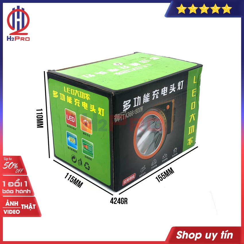 Đèn Pin Đội Đầu Siêu Sáng Led A366-800W-Chiếu Xa 500m-Pin Khủng-Dùng 8-20h, Chống Nước, Sáng Trắng Hoặc Vàng-H2Pro Tech