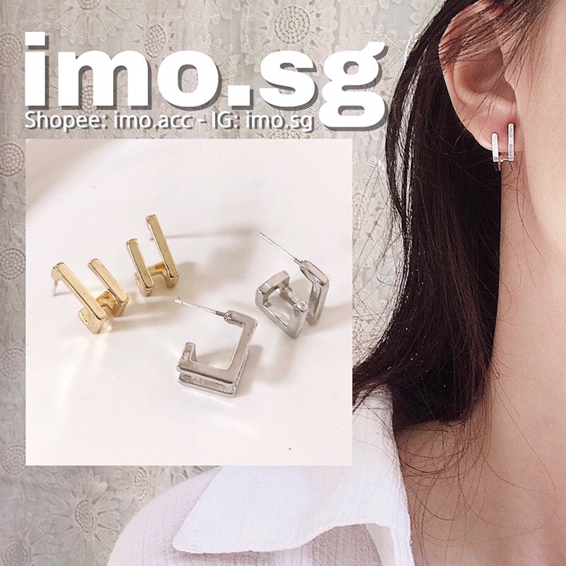 Bông tai vờ như bấm 2 lỗ liên tiếp vuông imo.sg bạc 925 mạ vàng 18 k sang xịn dễ phối đồ cá tính phong cách hàn