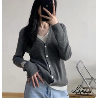 Áo Sweater Dệt Kim Tay Dài Cổ Chữ V Cài Nút In Chữ Phối Màu Sắc Cho Nữ