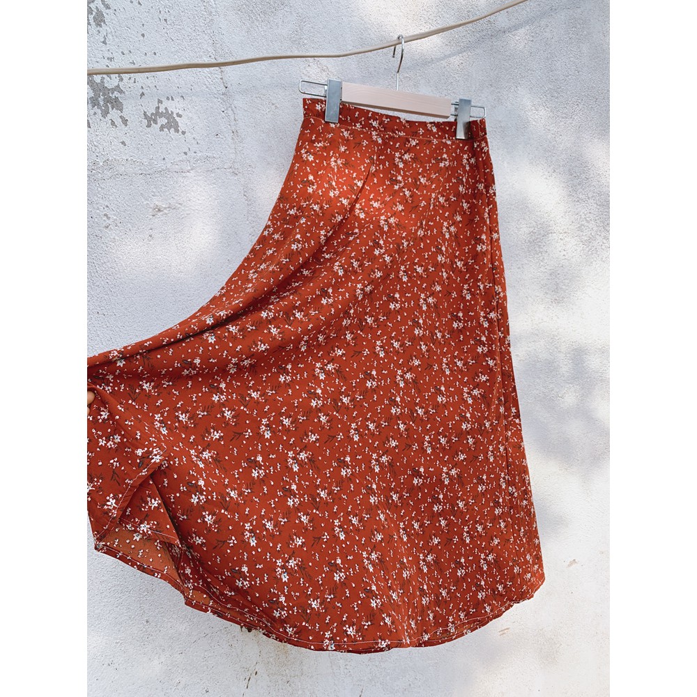 (ORDER) Chân váy midi hoa lá nhỏ màu đỏ ngọt ngào xòe dài vintage Hàn Quốc nhẹ nhàng - Có ảnh thật