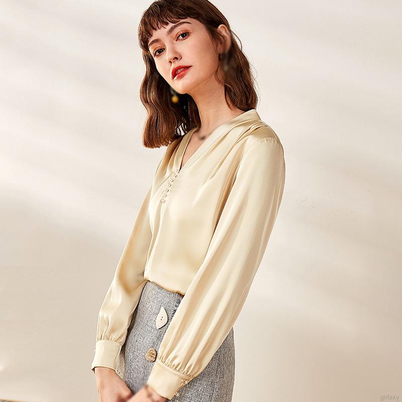 Áo Sơ Mi Nữ Tay Dài Cổ Chữ V Màu Trơn Phong Cách Hàn Quốc