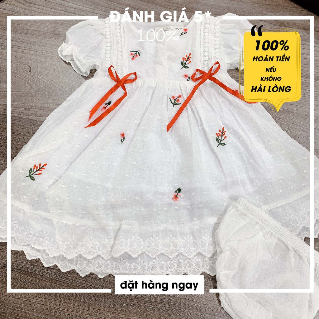 Set 2 món gồm váy thô viền xếp ren thêu hoa xinh kèm chip (size 6-22kg)