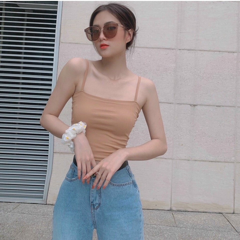 Áo Kiểu Hai Dây Tivi Fom Ôm Dáng CropTop Freesize 53kg Chất Borip Dày Co Giản, Ảnh Thật