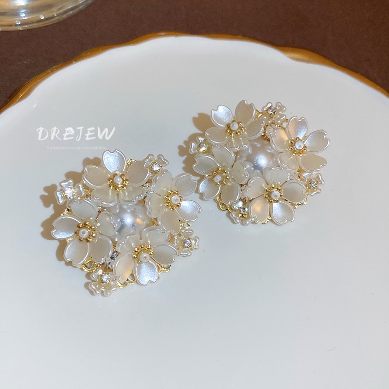 DREJEW Khuyên tai mạ vàng/ bạc hình hoa đính ngọc trai phong cách mori Pháp ngọt ngào
