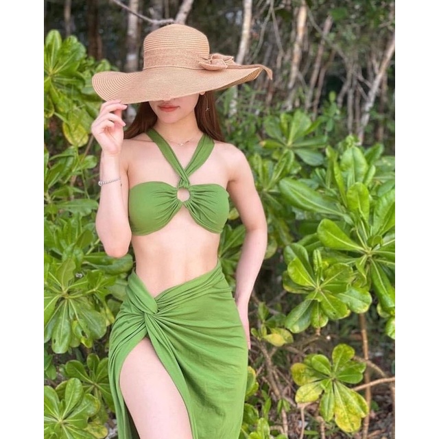 Bikini Đồ Bơi 3 Món Hồ Ngọc Hà Áo Khoen Tròn Váy Xoắn Eo Xanh Rêu(Ảnh Video, Màu Thật)