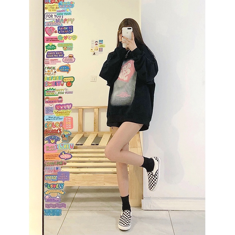 Xiaozhainv Áo Thun Tay Dài Cổ Tròn In Hình Trái Tim Màu Đen Dễ Thương Cá Tính Dành Cho Nữ | BigBuy360 - bigbuy360.vn