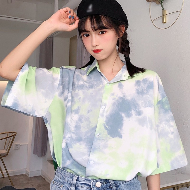 Áo Sơ Mi Tay Ngắn Phối Màu Loang Độc Đáo Phong Cách Retro Hàn Quốc