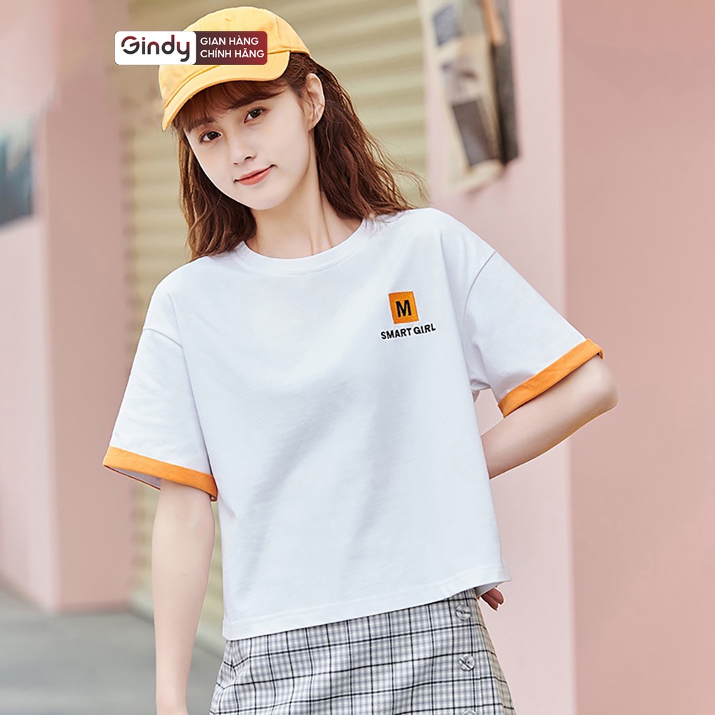 Áo thun nữ tay lỡ GINDY dáng lửng Smart unisex basic cổ tròn vải cotton thoáng mát phong cách Hàn Quốc A6175