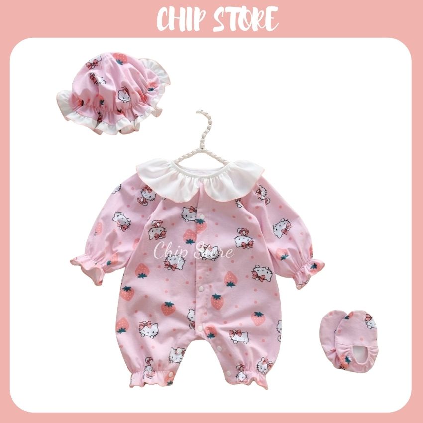 Bodysuit bé gái dài tay thun cotton cao cấp mềm mại in họa tiết đáng yêu, tặng nón + vớ giữ ấm CHIP STORE