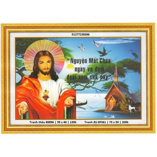Tranh thêu chữ thập chúa Giê-su 88896 (59 x 40 cm), tranh đính đá DF361 (75 x 50 cm)