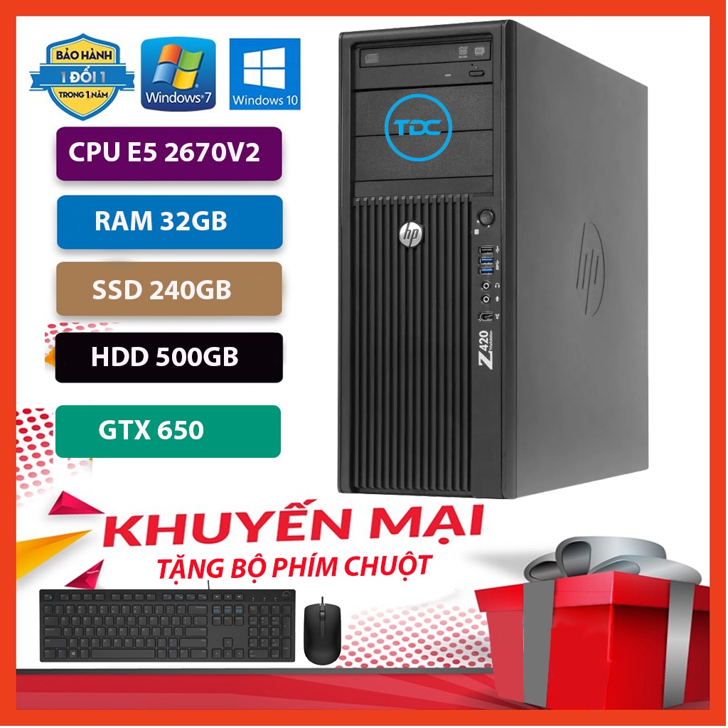 Máy Trạm HP Z420 Chuyên Đồ Họa/Game Nặng CPU E5 2670 V2 Ram 32GB,SSD 240GB,HDD 500GB,Card Rời GTX 650+Qùa Tặng