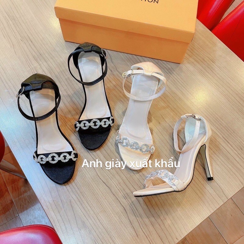 Sandal quai ngang lụa gót nhọn 9p đính đá bít gót( ảnh thật, kèm video)