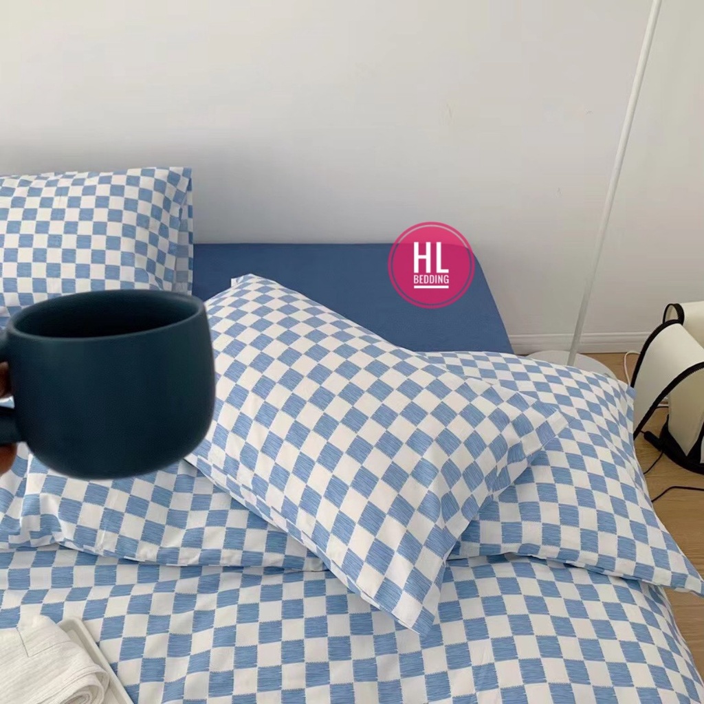 Bộ chăn ga Cotton Poly HL bedding chăn ga Hàn Quốc bàn cờ vua caro ô vuông xanh dương nhỏ đủ size miễn phí bo chun