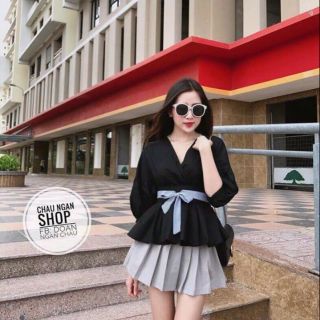 Set áo tay lỡ có thắt nơ và chân váy