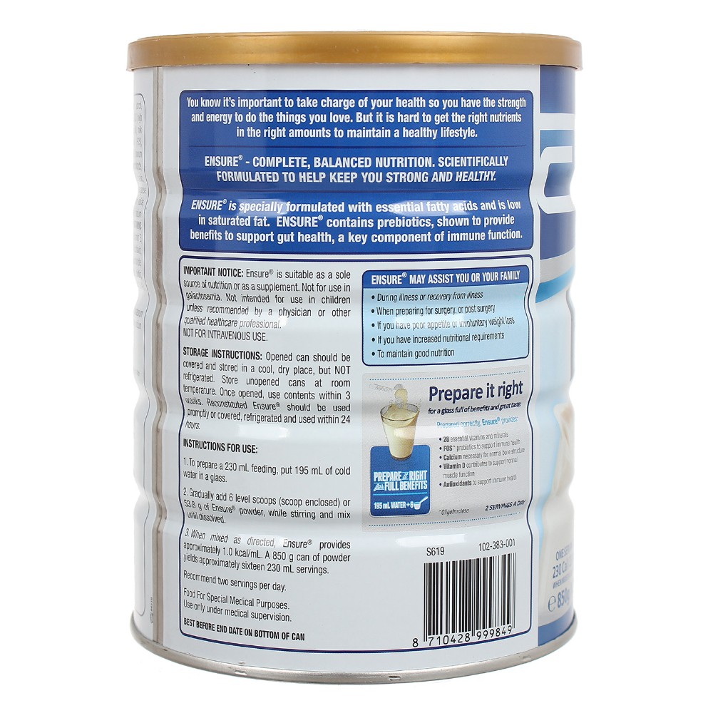 Sữa Bột Abbott Ensure Úc Hương Vanilla Hộp 850g