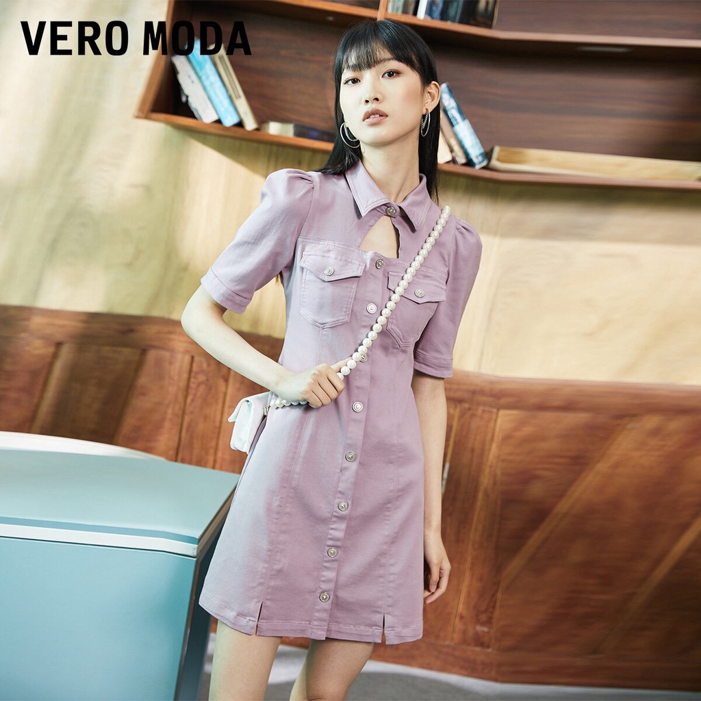Vero Moda ĐầM Sơ Mi Nữ Denim form body nút bấm Tay Phồng Cổ Áo 321242032