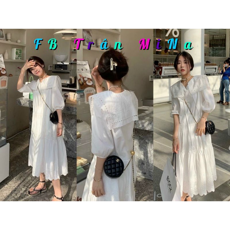 Đầm babydoll nữ trắng dáng dài xô ren cổ thủy thủ ( Bảo Trân Tít)