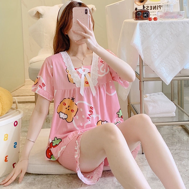 Bộ Đồ Ngủ Áo Tay Ngắn Phối Quần Short Vải cotton Kiểu Công Chúa Dễ Thương