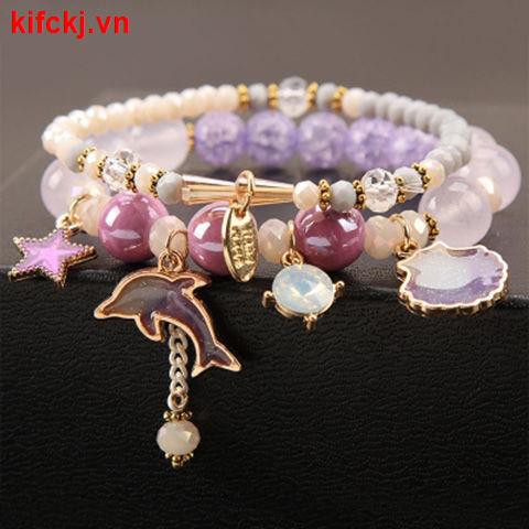 Vòng tay chuỗi hạt pha lê nhiều mặt hình cá heo / vỏ sò phong cách hàn quốc cho nữ