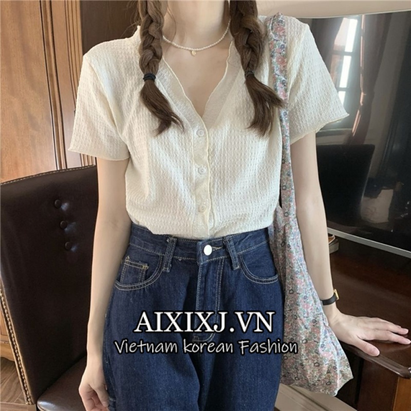 Áo Kiểu Tay Ngắn Cổ Chữ V Phong Cách Hàn Quốc Thời Trang Mùa Hè Cho Nữ