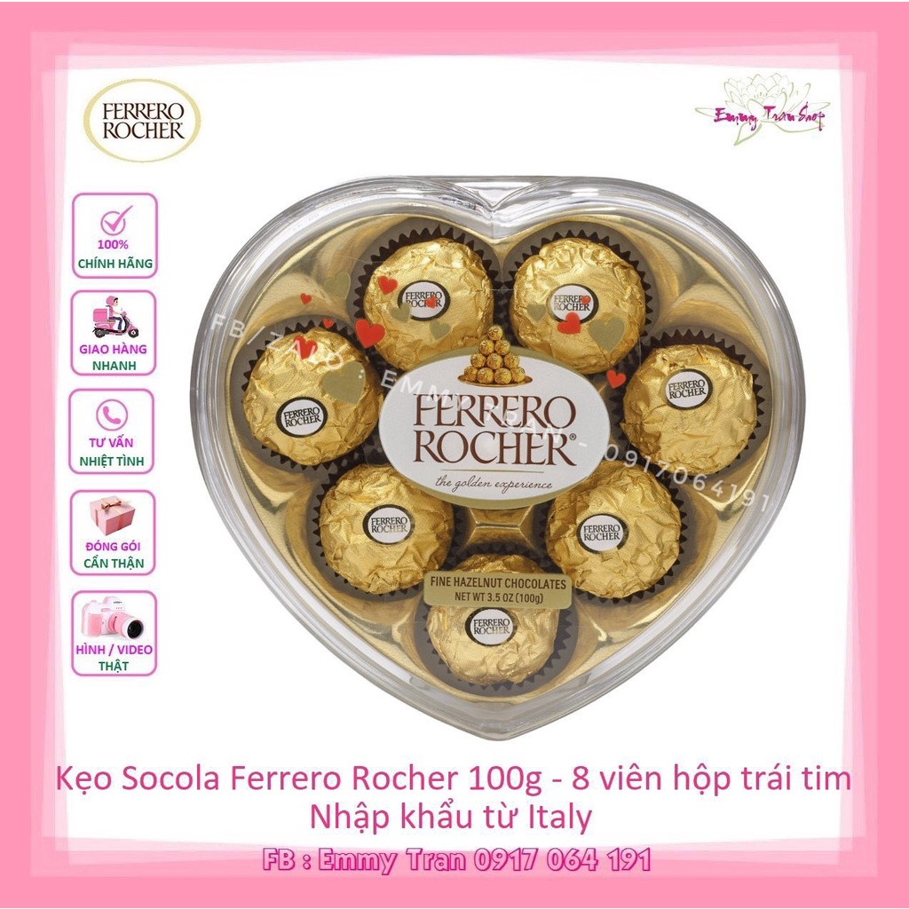 Kẹo Socola FERRERO ROCHER CHOCOLATE 100g (8 Viên) Hộp Hình Trái Tim- Nhập Khẩu Từ Italy (Emmy Tran)