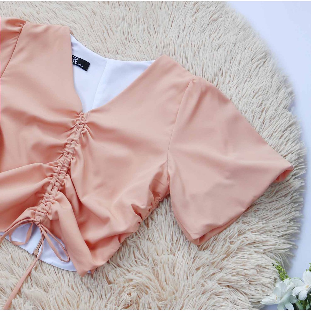 Áo croptop xinh thiết kế cổ v tay ngắn tôn dáng khoe eo thon dể thương may 2 lớp - Thời trang Lux W