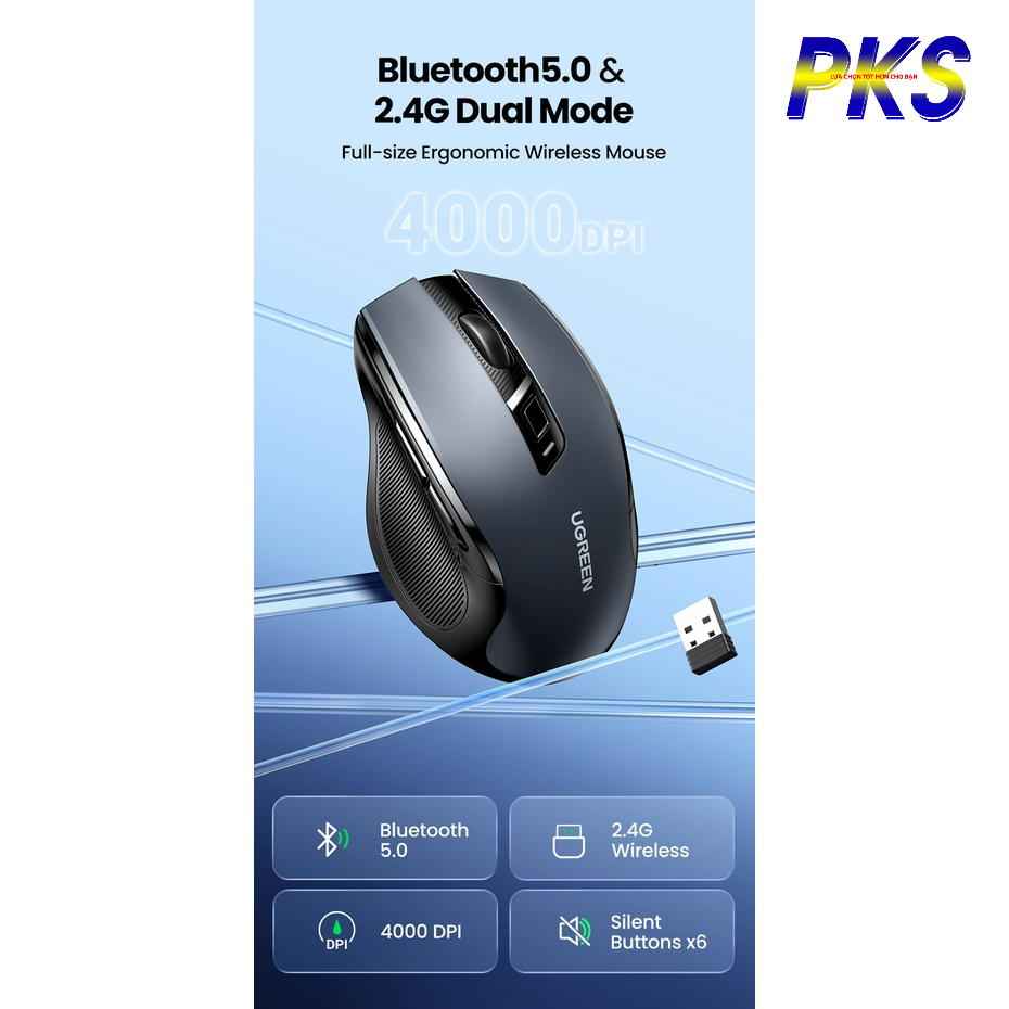 Chuột không dây im lặng 2.4G &amp; Bluetooth Wireless Silent Mouse 4000DPI UGREEN cao cấp