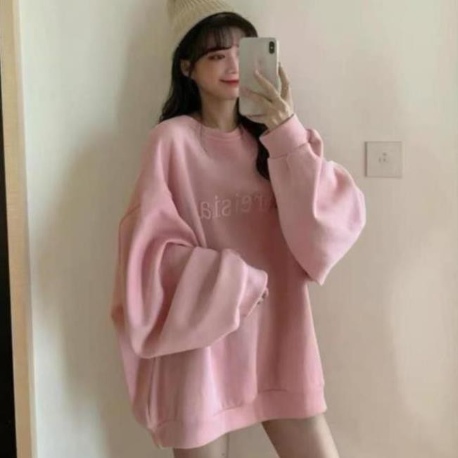 Áo nỉ bông màu hồng pastel thêu chữ cao cấp - Phông tay dài mùa thu đông bigsize dáng giấu quần korea HOT