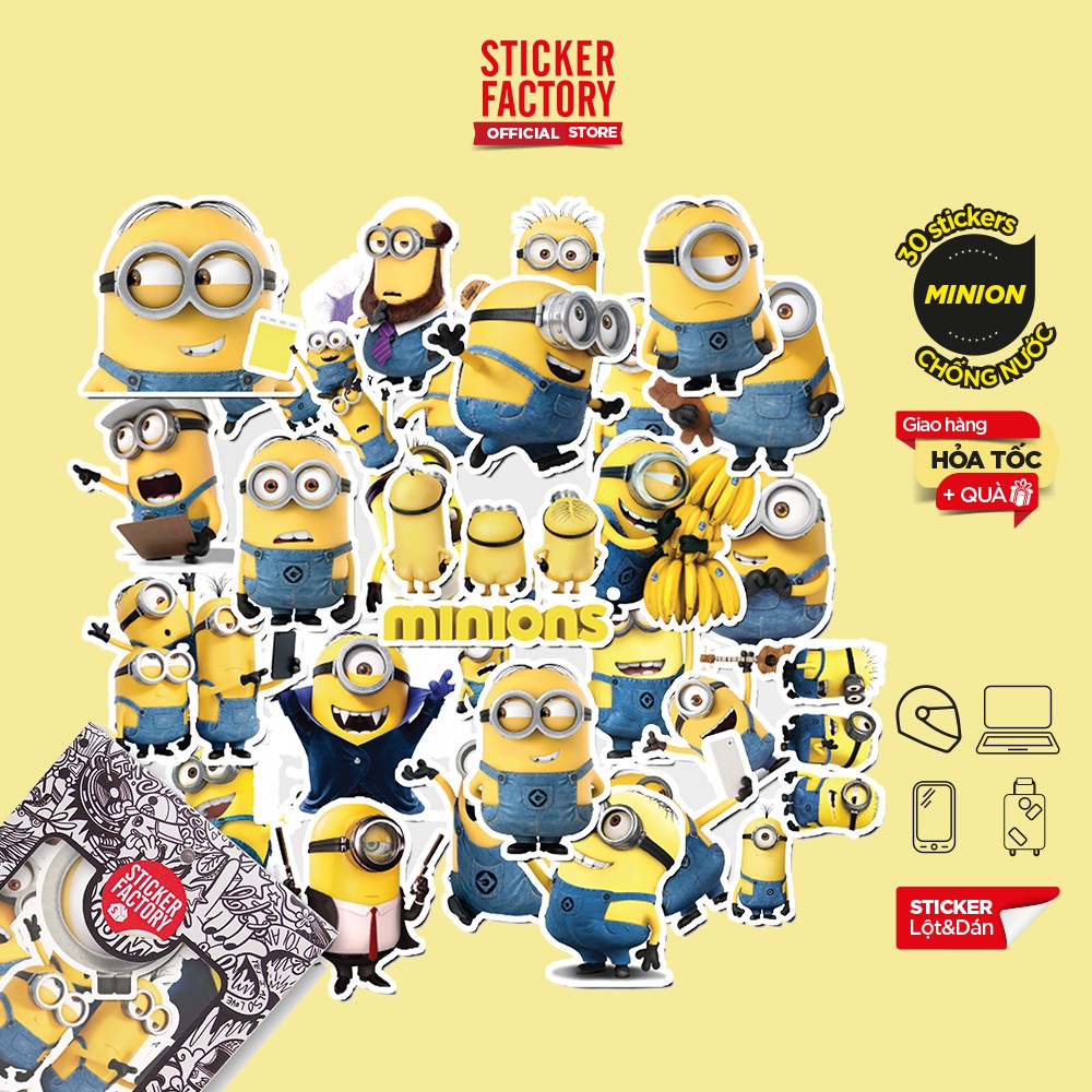 Hộp set 30 sticker decal hình dán nón bảo hiểm , laptop, xe máy, ô tô STICKER FACTORY - Minion