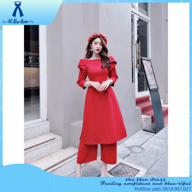 ✨QUẢNG CHÂU✨ Áo dài cách tân nữ tay cách điệu xinh xắn 🔥FREESHIP🔥 lady xanh cotton cổ V vuông tay phồng chiết eo cao d
