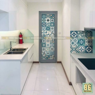 Decal gạch bông dán cửa xanh mint