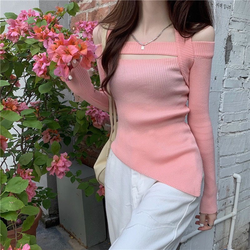 Áo kiểu dài tay nữ hở vai vạt xéo ôm body trễ vai tôn dáng phong cách hàn quốc SIB078