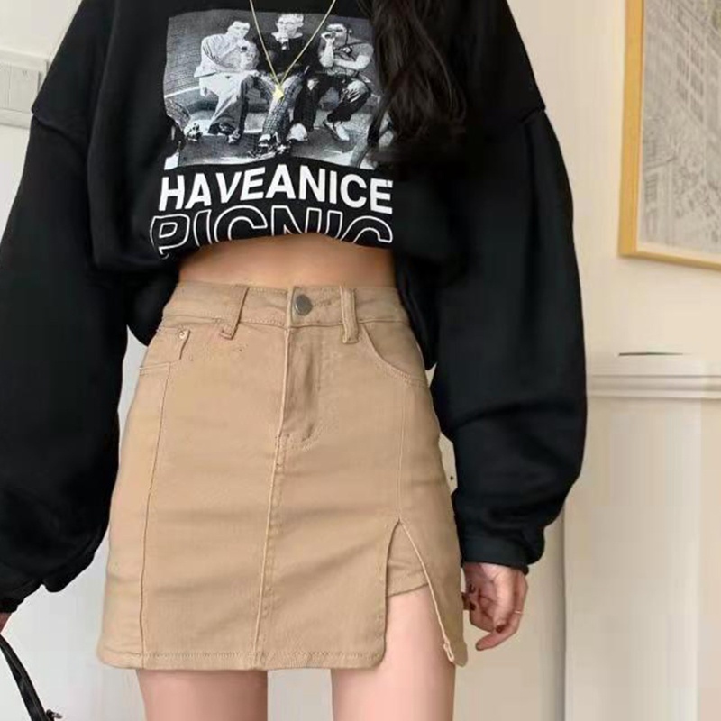 Chân váy jean Dáng Chữ A Lưng Cao Màu Trơn Quyến Rũ Cho Nữ