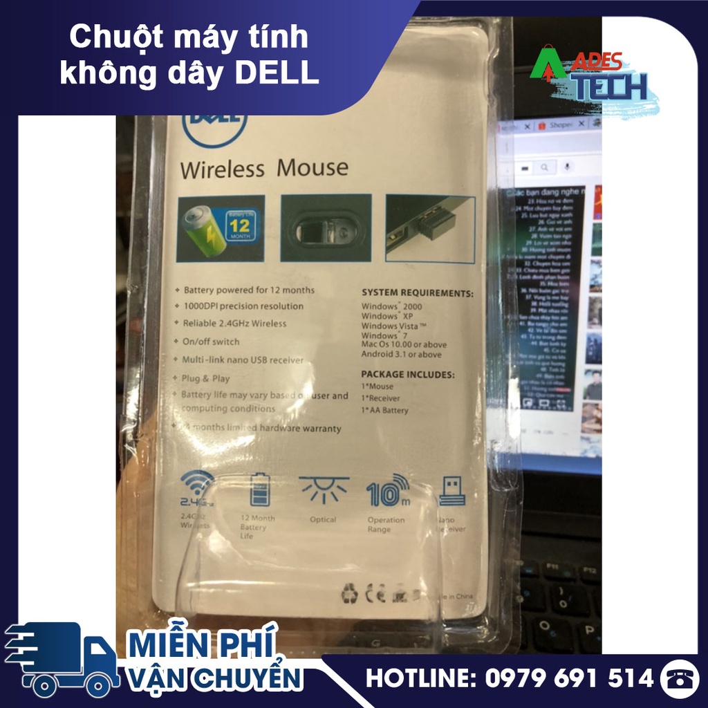 Chuột máy tính không dây DELL- Lướt Nhẹ Êm Ái, Cầm Vừa Tay - Bảo hành chính hãng