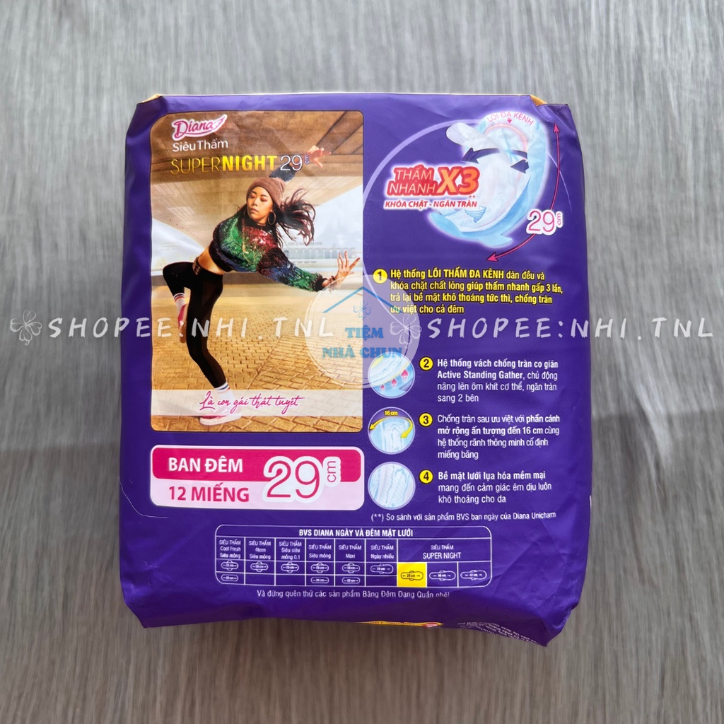 Băng Vệ Sinh Ban Đêm Diana Siêu Thấm Super Night 29cm - 12 Miếng/ Gói