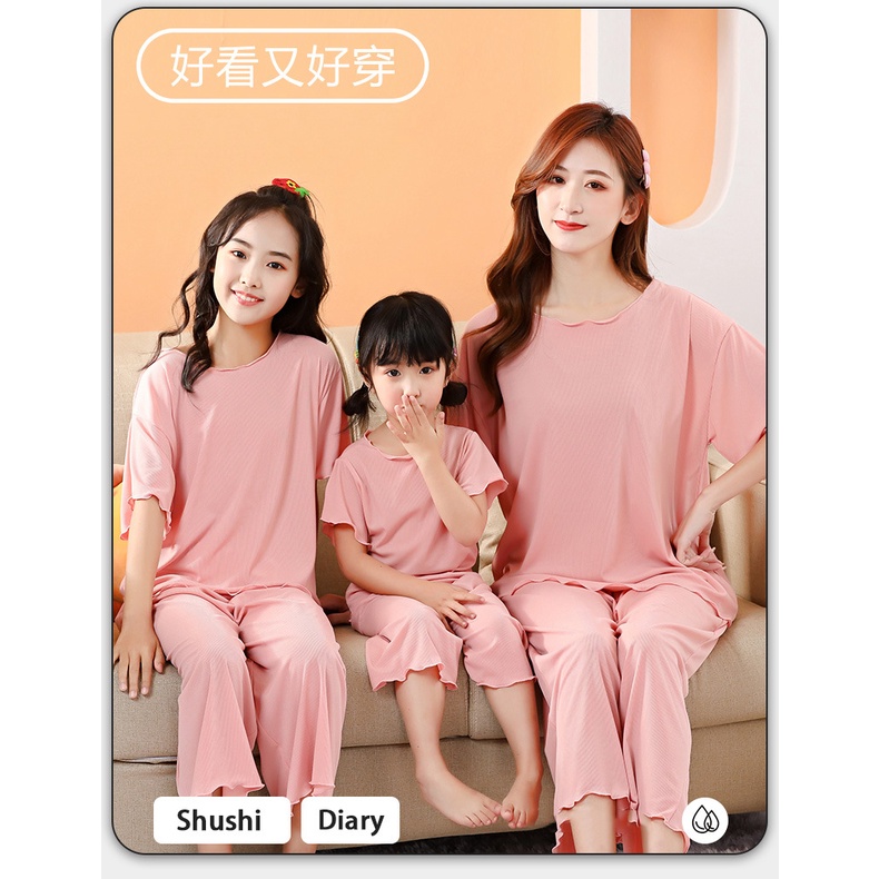 Bộ Đồ Ngủ Tay Ngắn Dáng Rộng Màu Trơn Thời Trang Cho Mẹ Và Bé 100-180cm