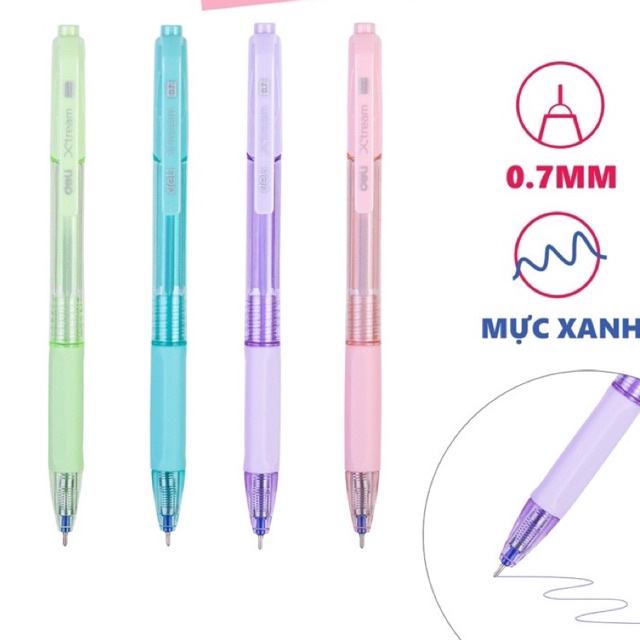 Bút bi bấm văn phòng mực xanh ngòi 0.7mm Deli giá rẻ viết nét đều trơn tru cho học sinh có đệm tay cao su EQ199