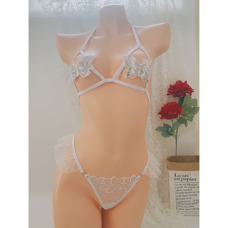(ảnh thật) Bk062 Bộ đồ lót lưới nhún bèo - set gồm quần lót và áo lót nữ - kellywang