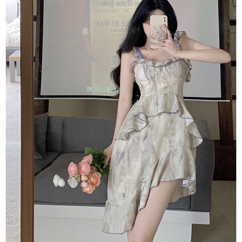 Đầm Hai Dây Nhún Bèo Màu Nhuộm Tie-Dye Thời Trang Mùa Hè