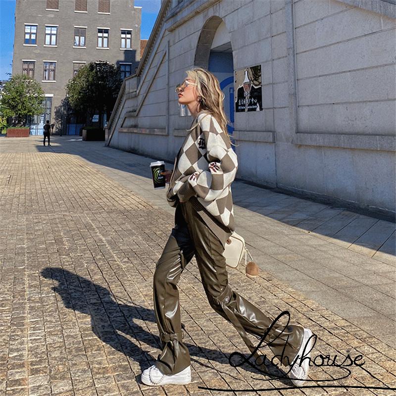 Quần Da Dài Lưng Cao Ống Đứng Màu Trơn Thời Trang Xuân Thu Cho Nữ