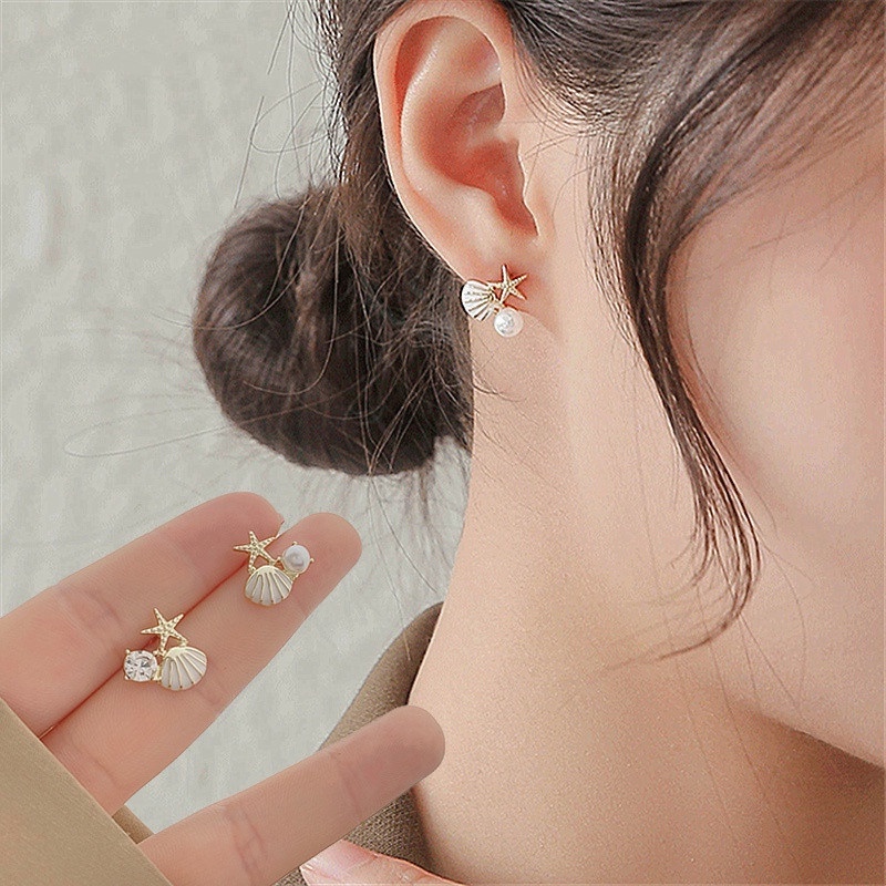 1 Đôi Bông Tai Hình Vỏ Sò Và Sao Biển Đính Ngọc Trai Giả Đơn Giản Cá Tính Dành Cho Nữ