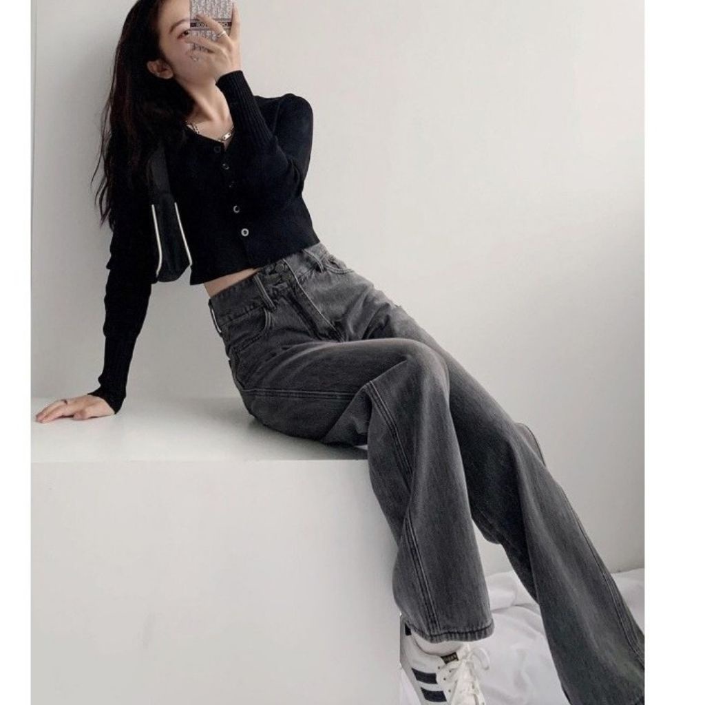 Quần Jeans Ống Rộng Xám - Quần Ống Rộng Nữ Dáng Suông Jeans Lưng Cao Ulzzang