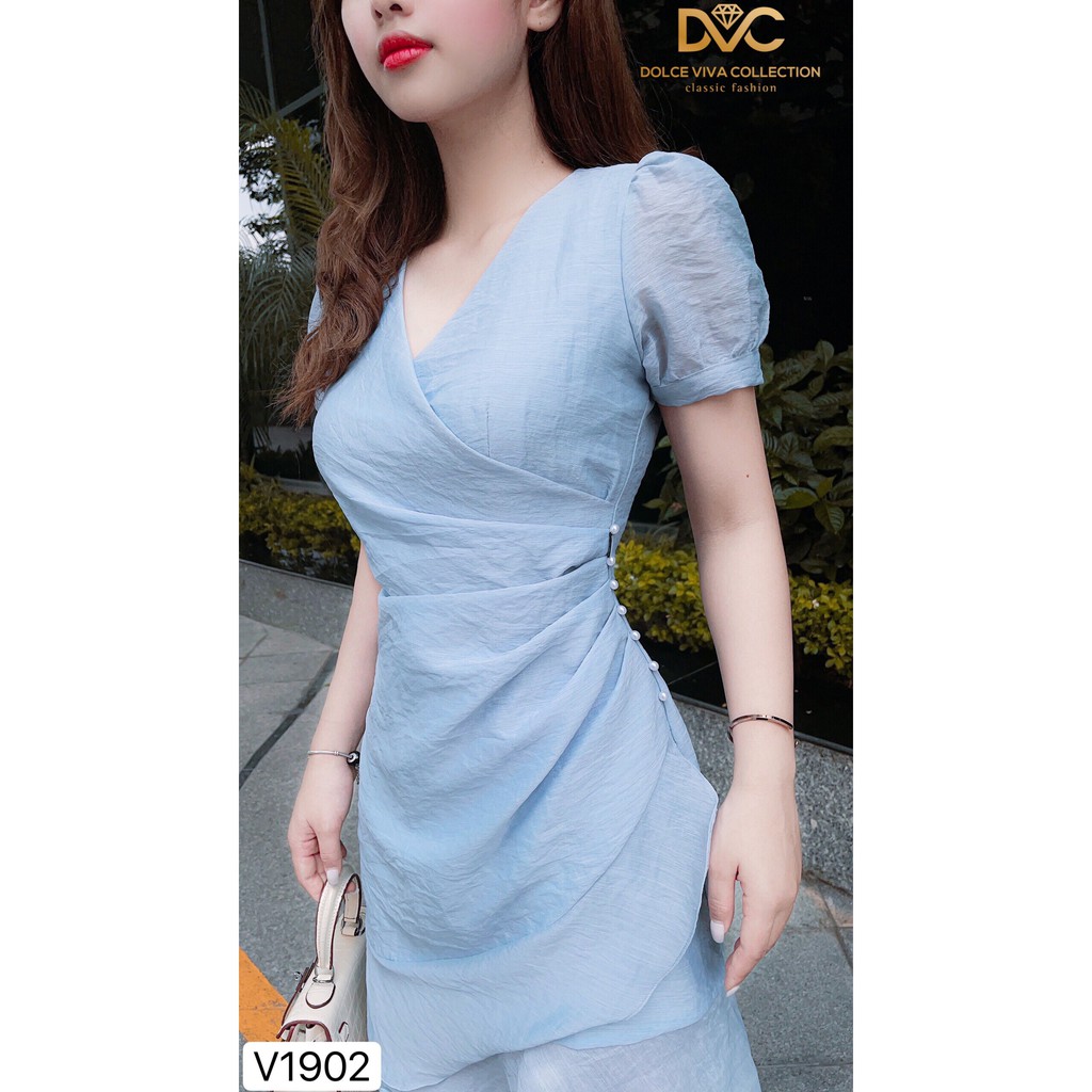 Váy xanh xòe eo đính ngọc V1902 - QUEEN SHOP DOLCE VIVA COLLECTION(ảnh người mẫu+ảnh trải sàn do shop chụp tự chụp))