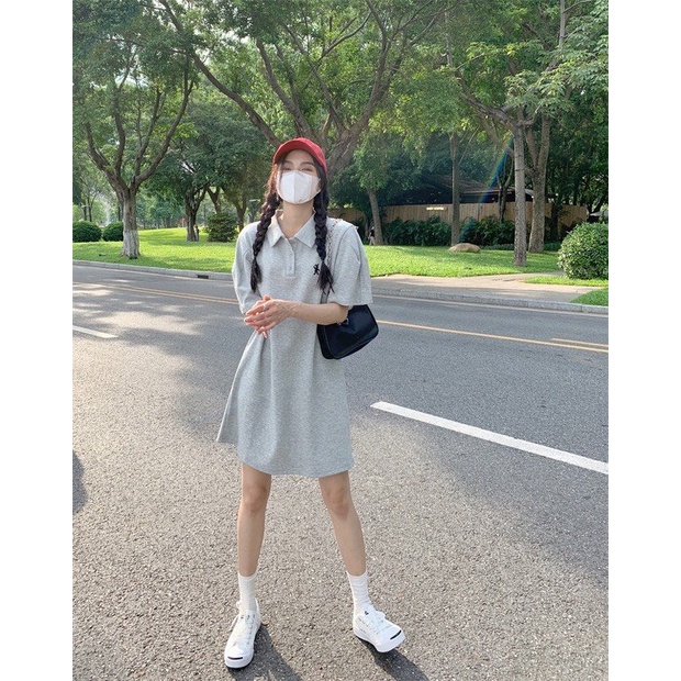 Váy Thun Polo Thêu Thỏ PEONYB Nữ [FREESHIP]  Đầm dáng suông cổ bẻ tay lỡ kiểu dáng học sinh cá tính hàn quốc Ulzzang