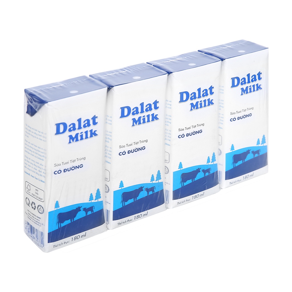 Sữa Dalatmilk Tiệt Trùng Có Đường/ Ít Đường/ Không Đường Vỉ 4 Hộp * 180ml - 110ml