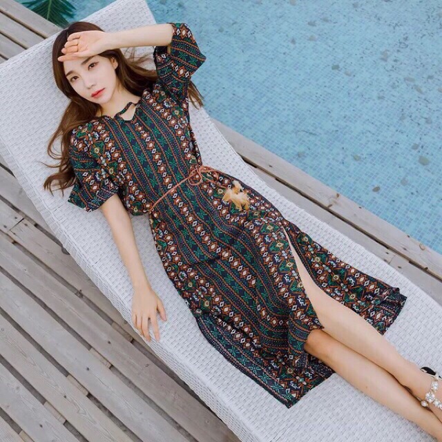 [ẢNH THẬT] Váy boho tặng kèm belt hoạ tiết thổ cẩm xẻ tà chất mát | BigBuy360 - bigbuy360.vn