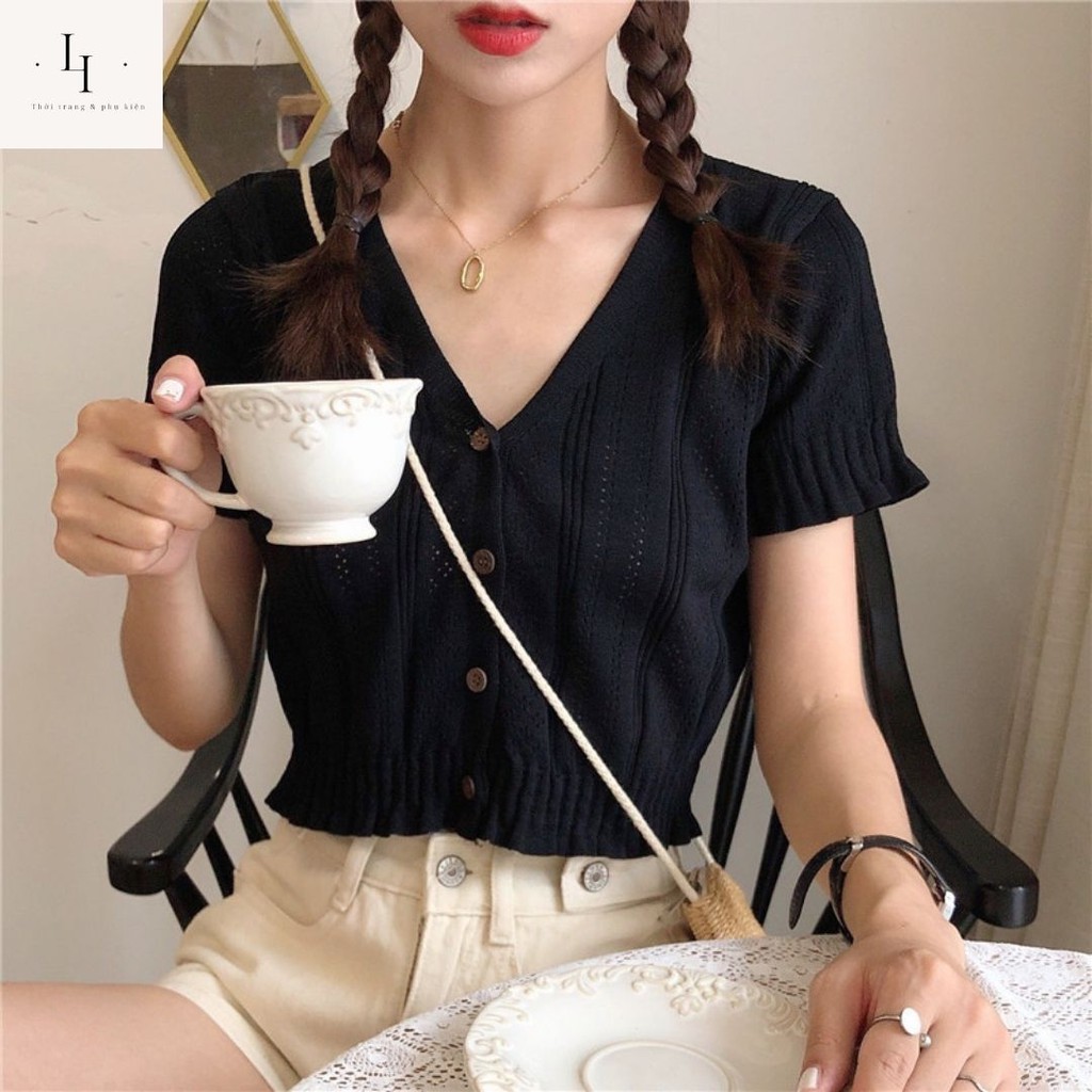 Áo croptop nữ kiểu cardigan dệt kim  tay ngắn cổ tim chữ V dáng ôm body  phong cách Hàn Quốc cá tính Liao shop | BigBuy360 - bigbuy360.vn