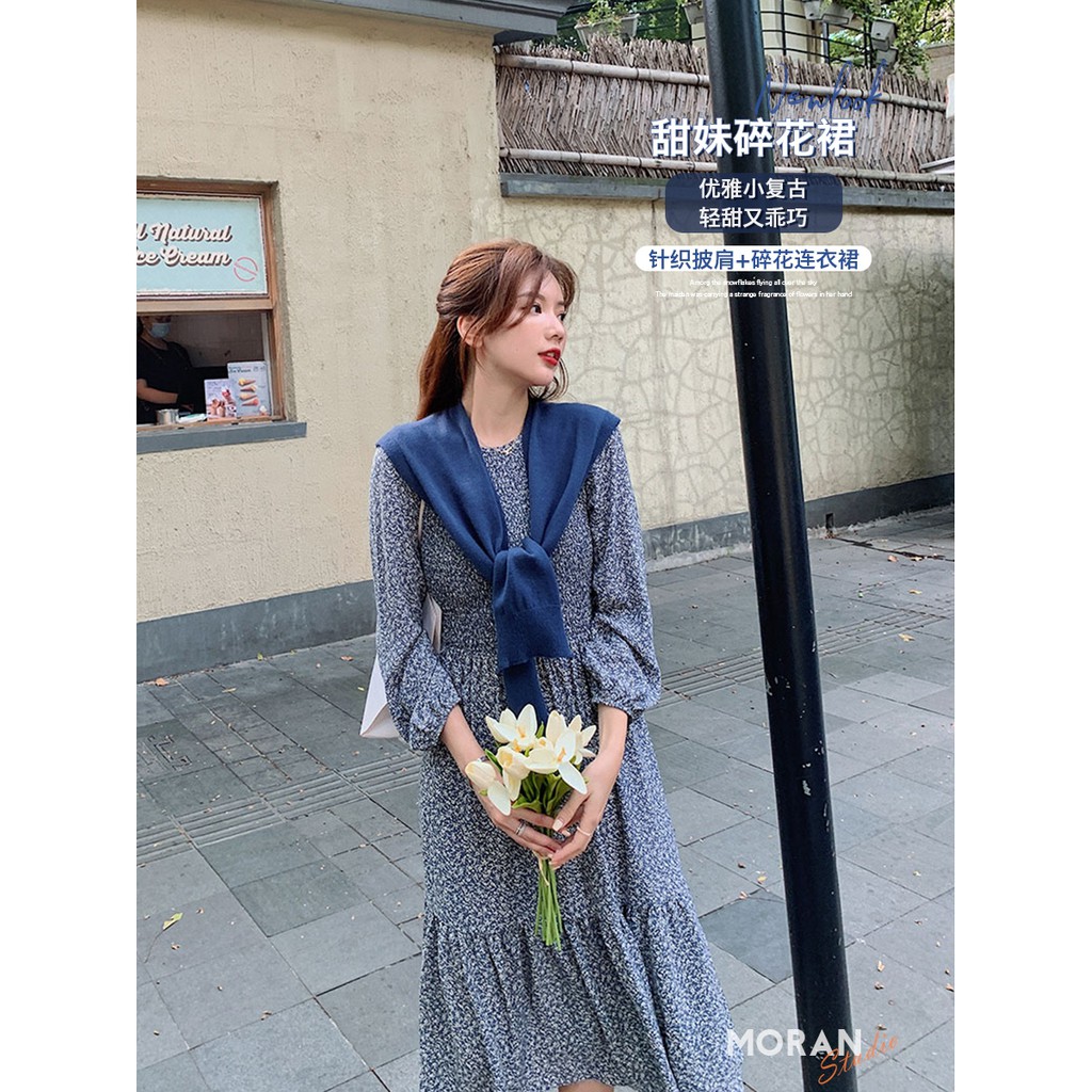 Váy MORAN hoa nhí dài tay mùa thu xanh dương xòe dài đuôi cá điệu đà vintage Hàn Quốc