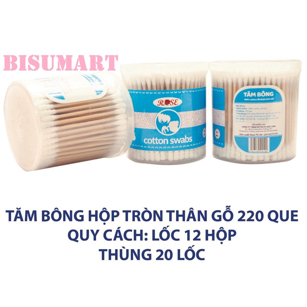 Tăm bông, bông ráy tai lõi gỗ ROSE (Hộp tròn 220 que)