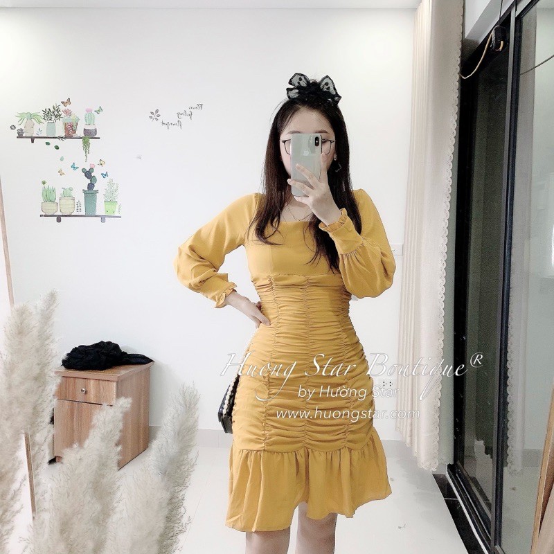 Váy Đầm Mã B4 Dáng Ôm Đuôi Cá Khoá Sau Tay Bồng Dài Chun Ngún Thân Màu Vàng Size SML